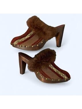 Vintage Cottagecore Boho Clogs Fur Slip On Shoes Size 9